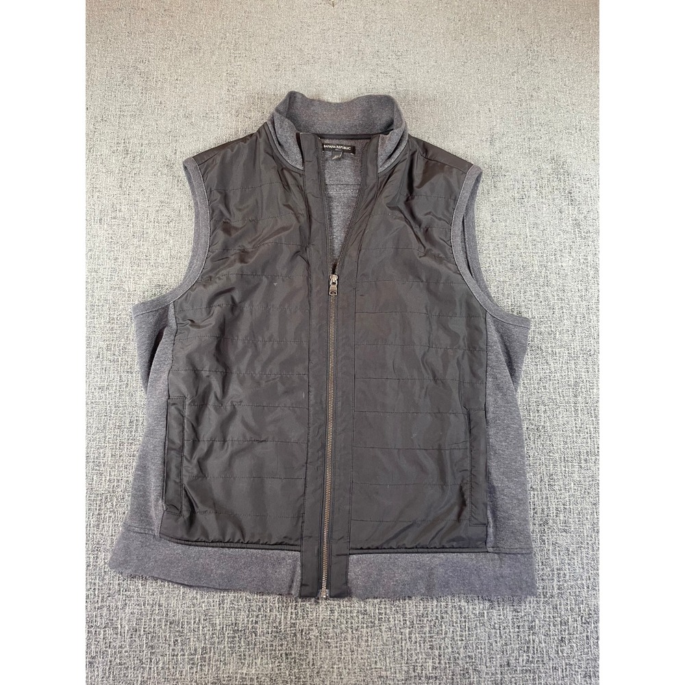 Banana Republic Mens XL Hybrid Quilted Full Zip Vest Gray Black‎ Mixed Media